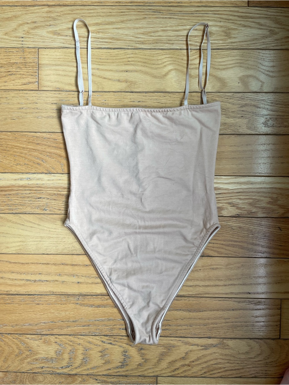 Are You Am I Kimia Spaghetti Strap Bodysuit Nude Beige Tan Square Neckline S